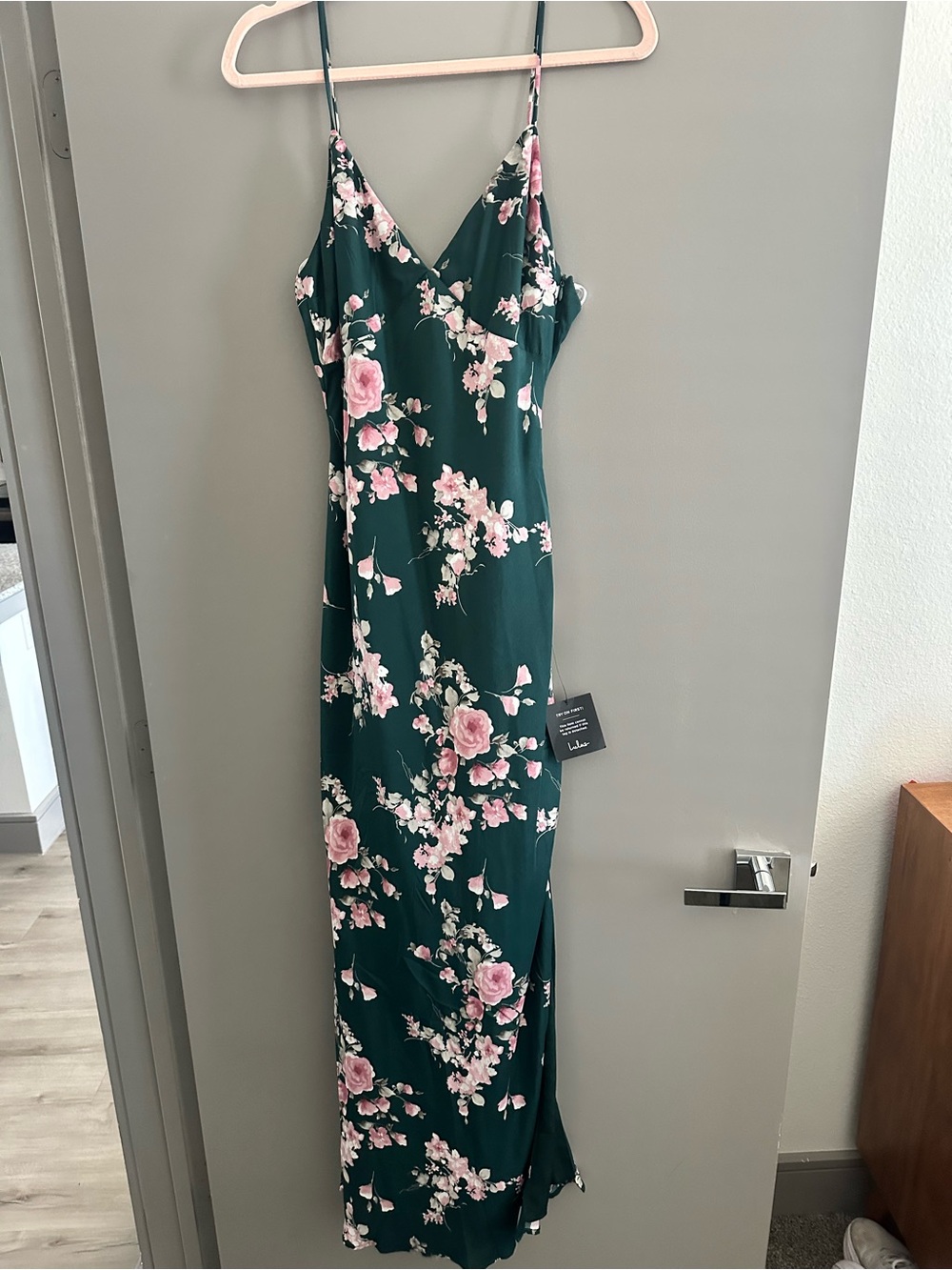 NWT Lulus Irresistible Poise Green Floral Satin Slip Maxi Dress Size M - Picture 3 of 7